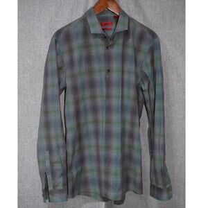 HUGO Boss Slim Line Green Gray Plaid Button Down Shirt Men’s Large